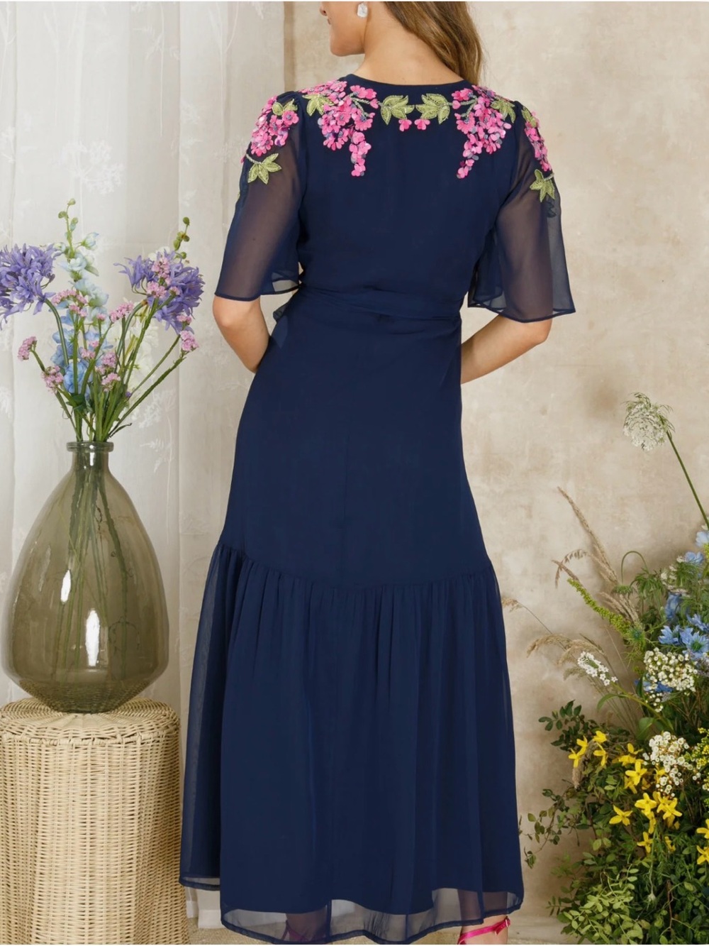 Floral-Embroidered Navy Maxi Wrap Dress with Tie Waist - Picture 4 of 8